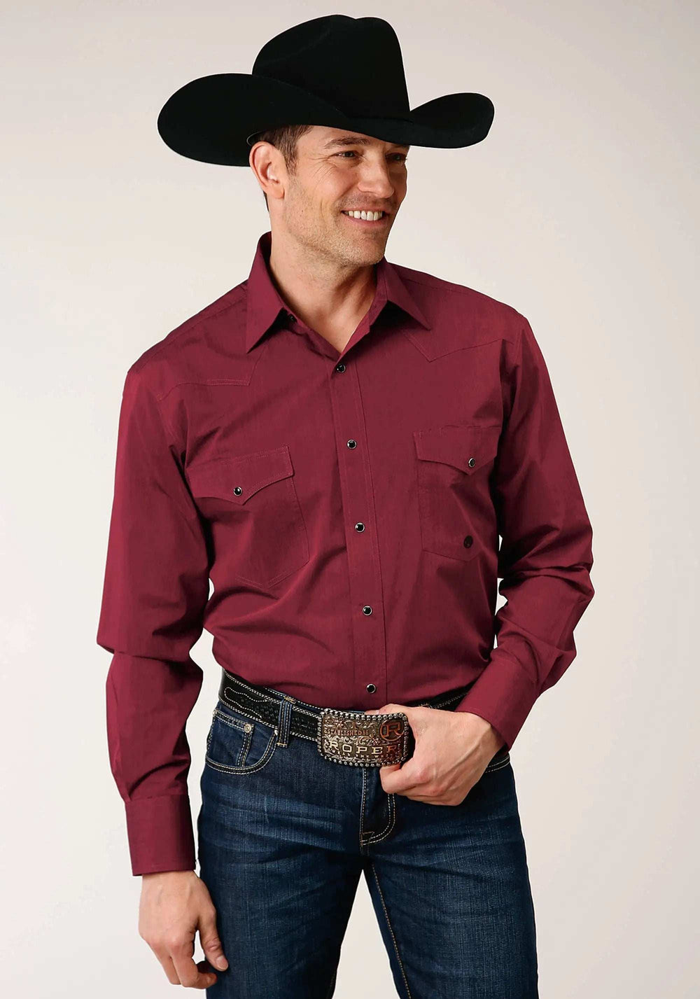 Roper Mens Long Sleeve Snap Black Fill Solid Wine Western Shirt Tall Fit - Roper - Flyclothing LLC