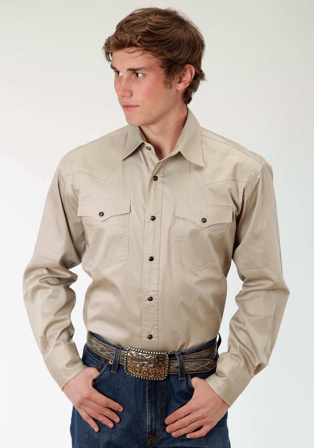 Roper Mens Khaki Solid Long Sleeve Western Snap Shirt Tall Fit - Roper - Flyclothing LLC