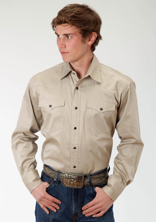 Roper Mens Khaki Solid Long Sleeve Western Snap Shirt Tall Fit