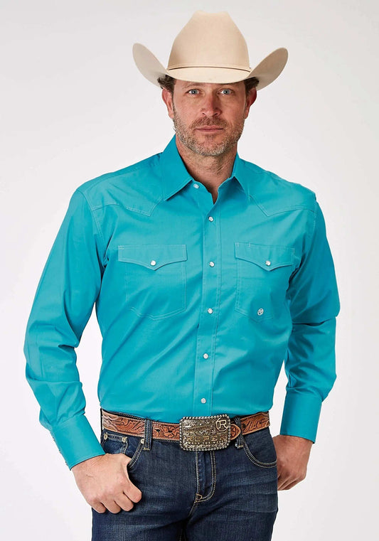 Roper Mens Long Sleeve Snap Solid Poplin Stretch Turquoise Western Shirt Tall Fit - Roper - Flyclothing LLC