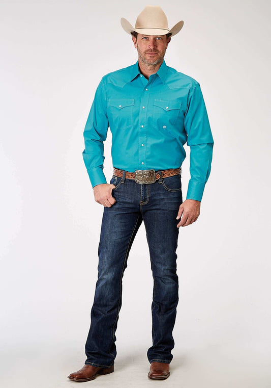 Roper Mens Long Sleeve Snap Solid Poplin Stretch Turquoise Western Shirt Tall Fit - Roper - Flyclothing LLC