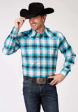 Roper Mens Long Sleeve Snap Stretch Poplin Turquoise Plaid Western Shirt Tall Fit - Roper - Flyclothing LLC