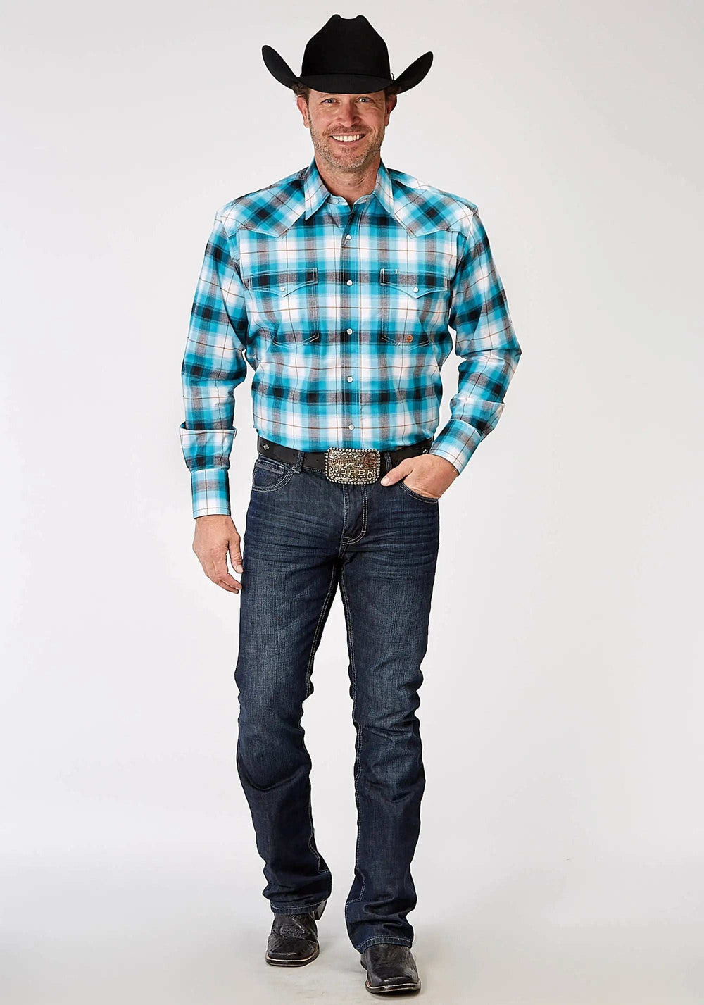Roper Mens Long Sleeve Snap Stretch Poplin Turquoise Plaid Western Shirt Tall Fit - Roper - Flyclothing LLC