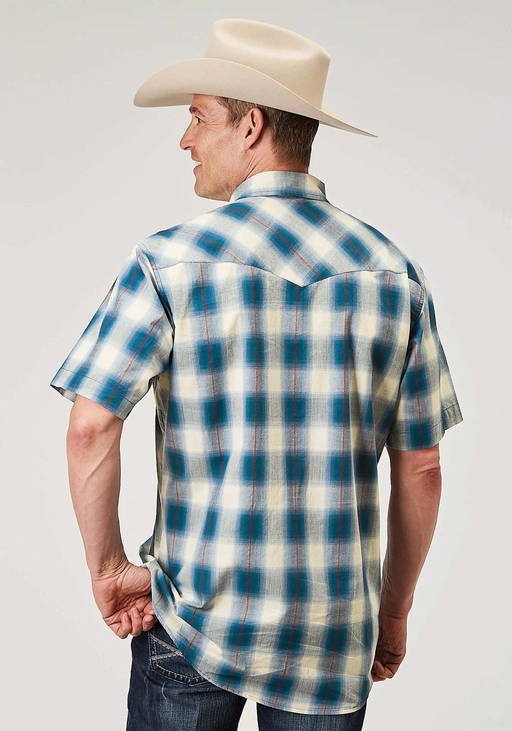 Roper Mens Short Sleeve Snap Arrow Dobby Plaid Western Shirt - Roper - Flyclothing LLC