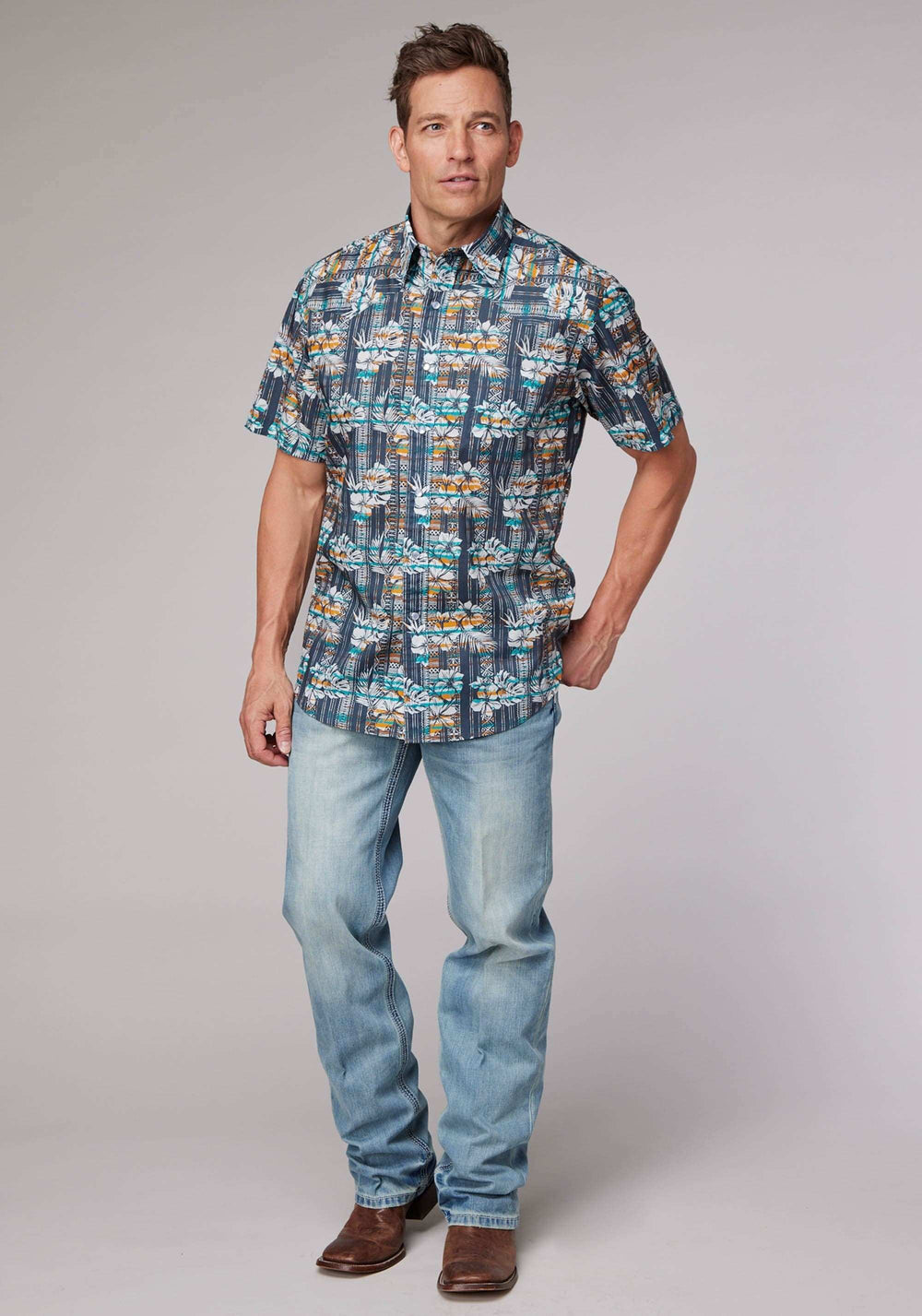 Roper Mens Short Sleeve Snap Distressed Tropical Print Western Shirt - Roper - Flyclothing LLC