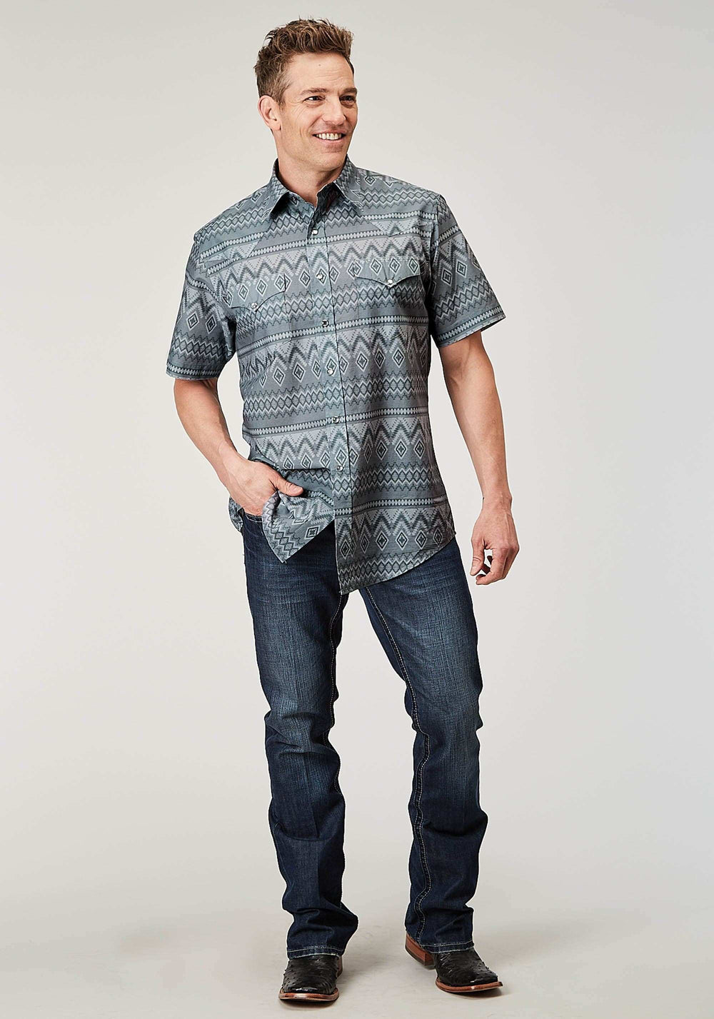 Roper Mens Short Sleeve Snap River Aztec Print Western Shirt - Roper - Flyclothing LLC