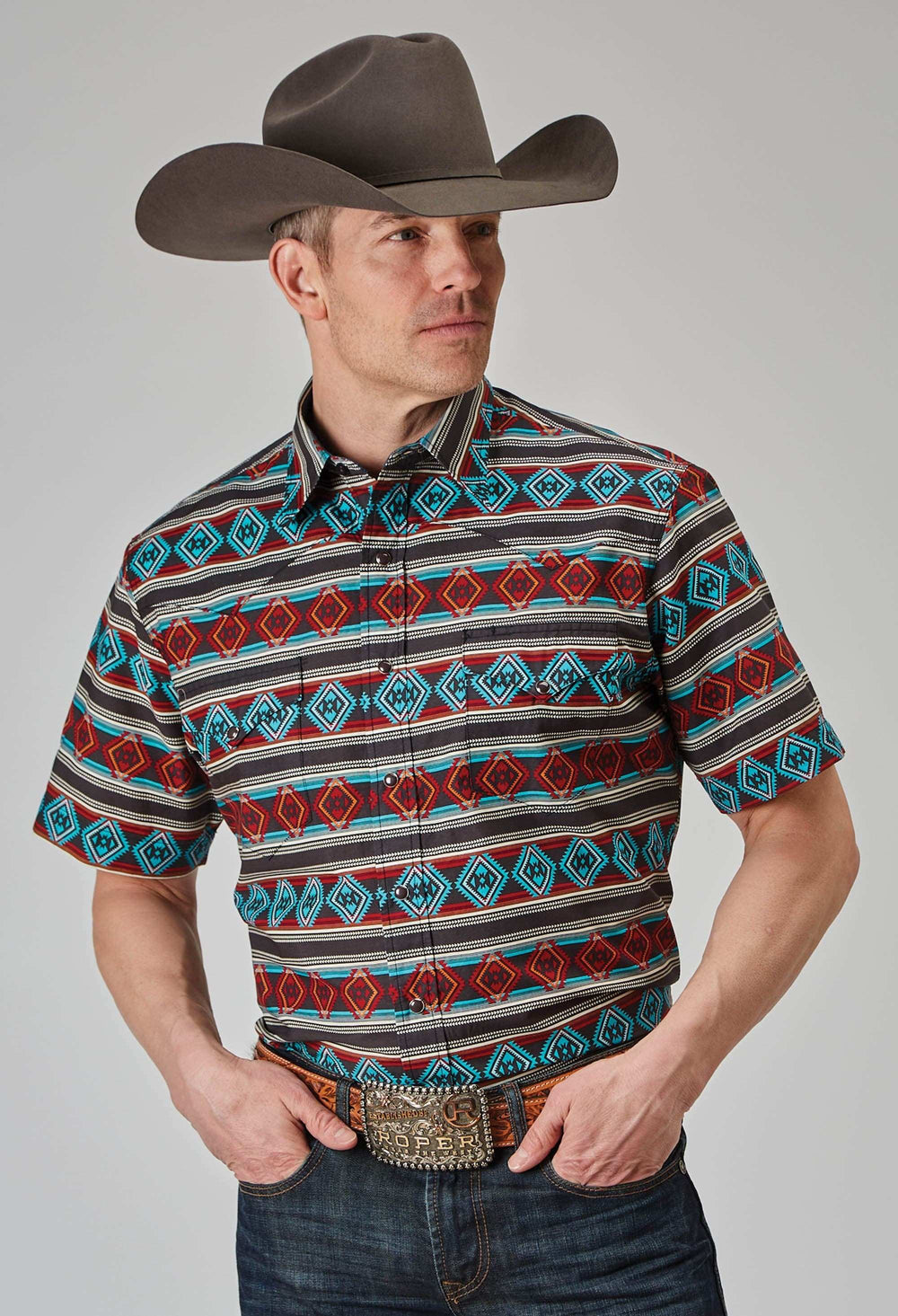 Roper Mens Short Sleeve Snap Aztec Stripe Print Western Shirt - Roper - Flyclothing LLC