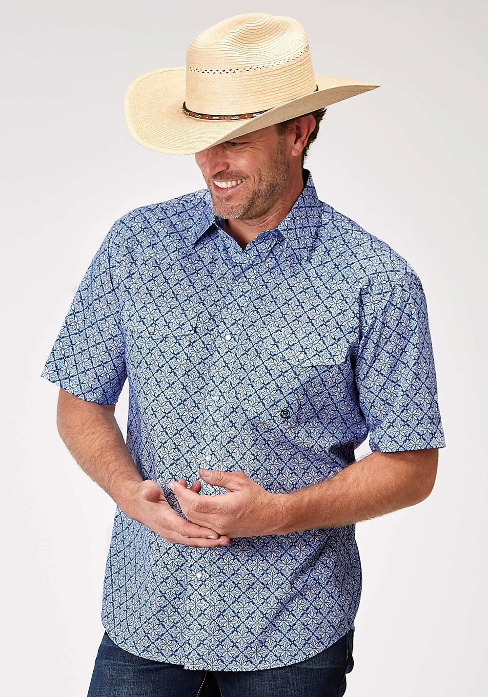 Roper Mens Short Sleeve Snap Blue Skies Tie Print Western Shirt - Roper - Flyclothing LLC