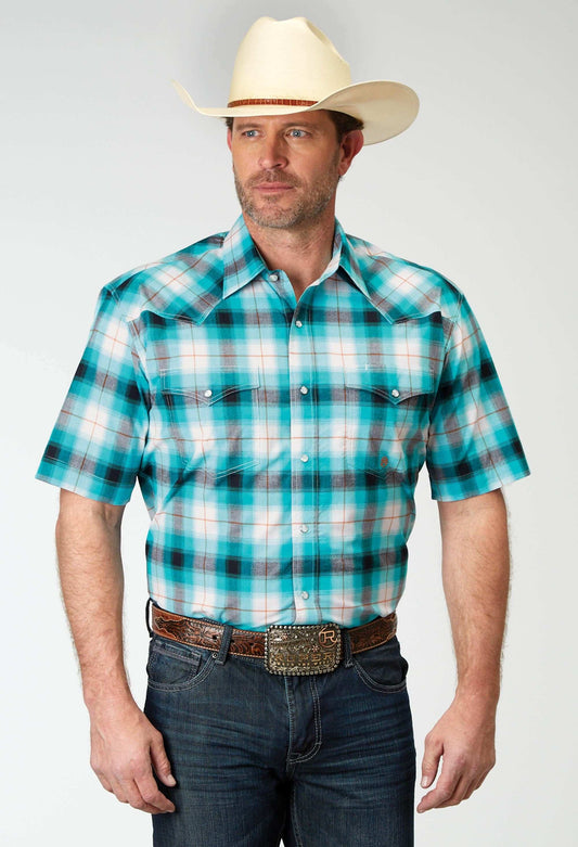 Roper Mens Short Sleeve Snap Stretch Poplin Turquoise Plaid Western Shirt - Roper - Flyclothing LLC