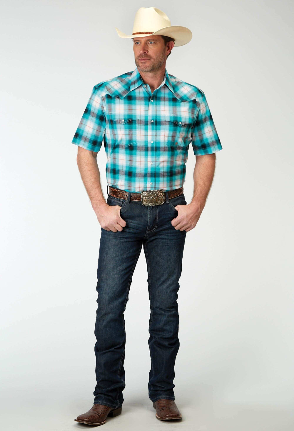 Roper Mens Short Sleeve Snap Stretch Poplin Turquoise Plaid Western Shirt - Roper - Flyclothing LLC