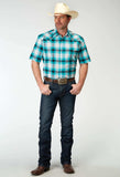 Roper Mens Short Sleeve Snap Stretch Poplin Turquoise Plaid Western Shirt - Roper - Flyclothing LLC