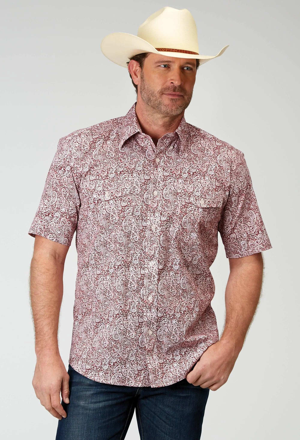 Roper Mens Short Sleeve Button Stretch Poplin Red Paisley Western Shirt - Roper - Flyclothing LLC