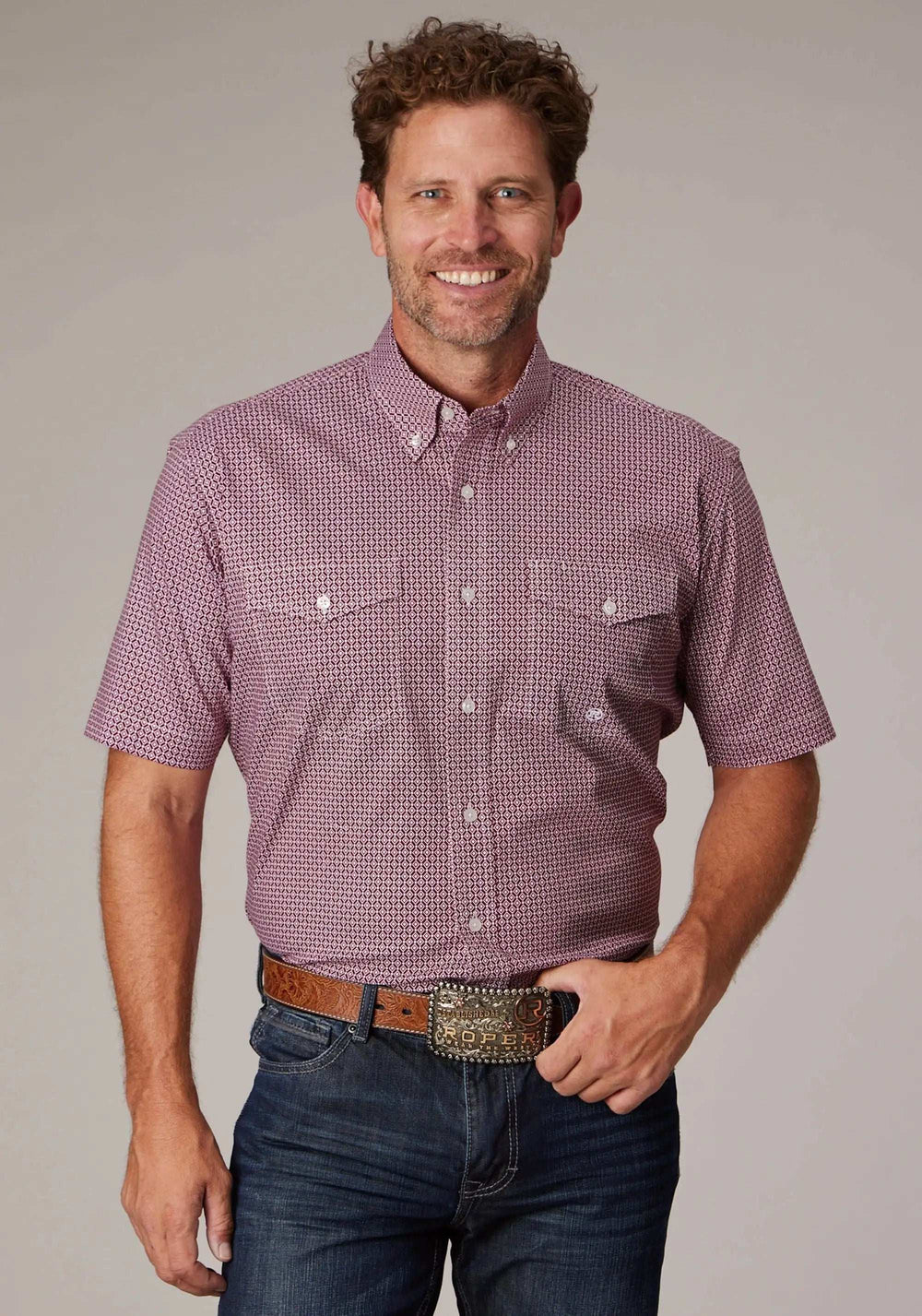 Roper Mens Short Sleeve Button Stretch Neat Red Western Shirt - Roper - Flyclothing LLC