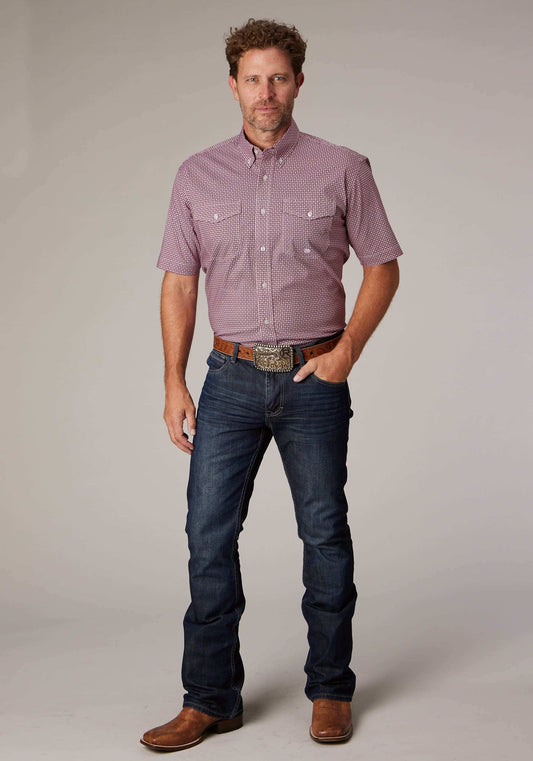 Roper Mens Short Sleeve Button Stretch Neat Red Western Shirt - Roper - Flyclothing LLC