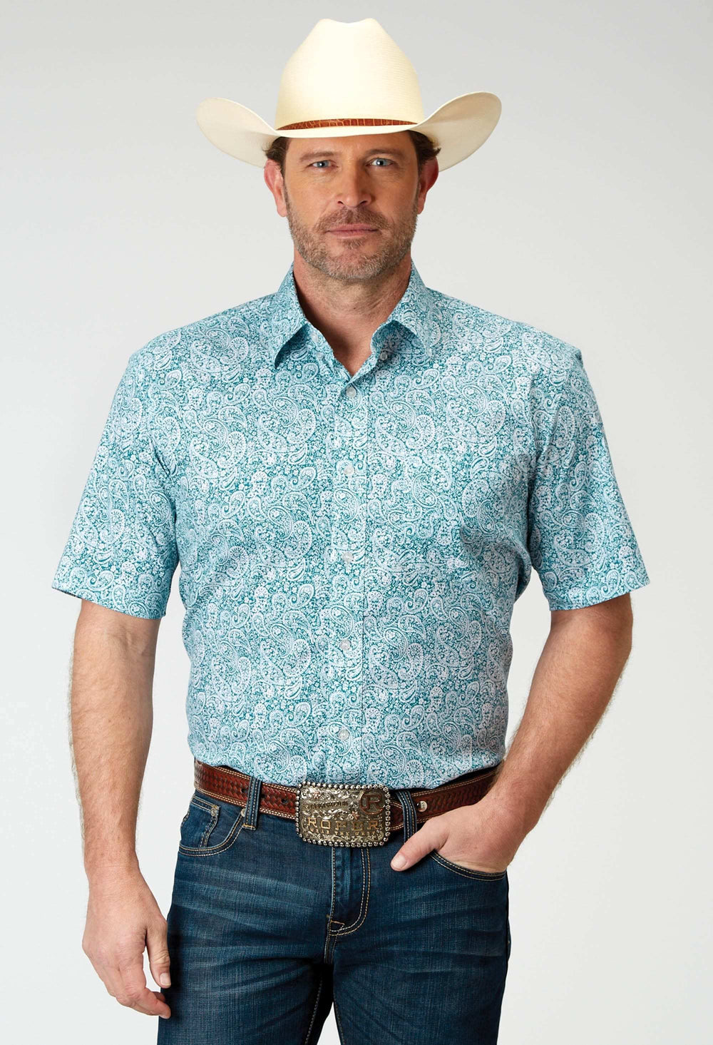 Roper Mens Short Sleeve Button Stretch Poplin Teal Paisley Western Shirt - Roper - Flyclothing LLC