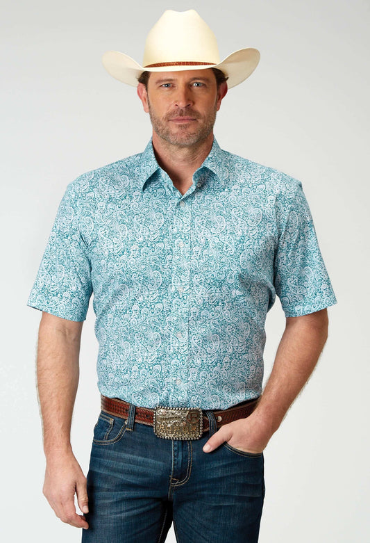 Roper Mens Short Sleeve Button Stretch Poplin Teal Paisley Western Shirt - Roper - Flyclothing LLC