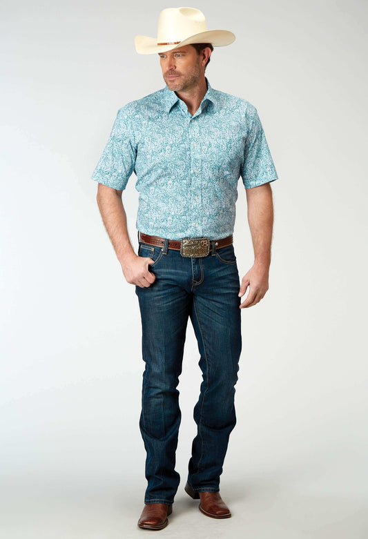 Roper Mens Short Sleeve Button Stretch Poplin Teal Paisley Western Shirt - Roper - Flyclothing LLC