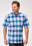 Roper Mens Short Sleeve Button Stretch Poplin Blue Plaid Western Shirt - Roper - Flyclothing LLC
