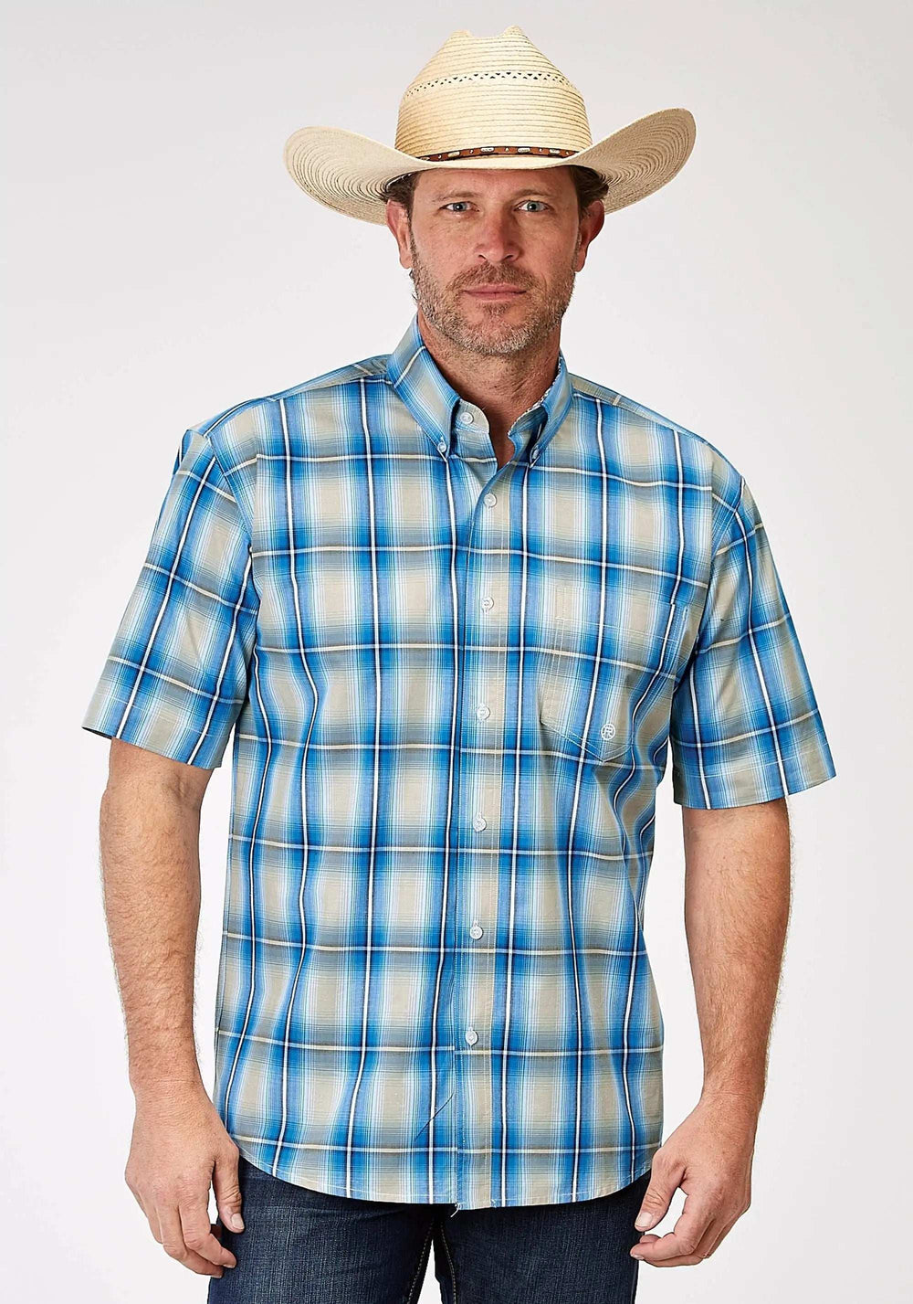 Roper Mens Short Sleeve Button Chicory Ombre Plaid Western Shirt - Roper - Flyclothing LLC