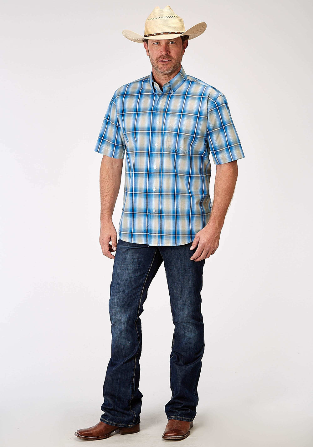 Roper Mens Short Sleeve Button Chicory Ombre Plaid Western Shirt - Roper - Flyclothing LLC