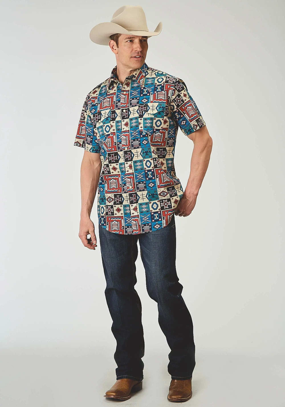 Roper Mens Short Sleeve Snap Vintage Patchwork Print Western Shirt - Roper - Flyclothing LLC