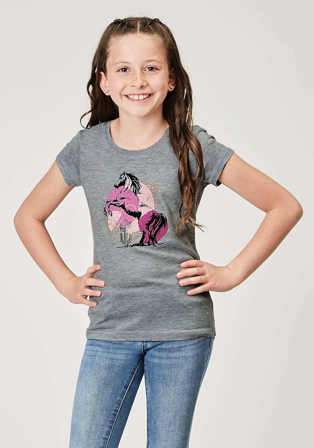 Roper Girls Short Sleeve Light Grey Poly Rayon Western T Shirt With Screen Print Decoration - Roper - Flyclothing LLC