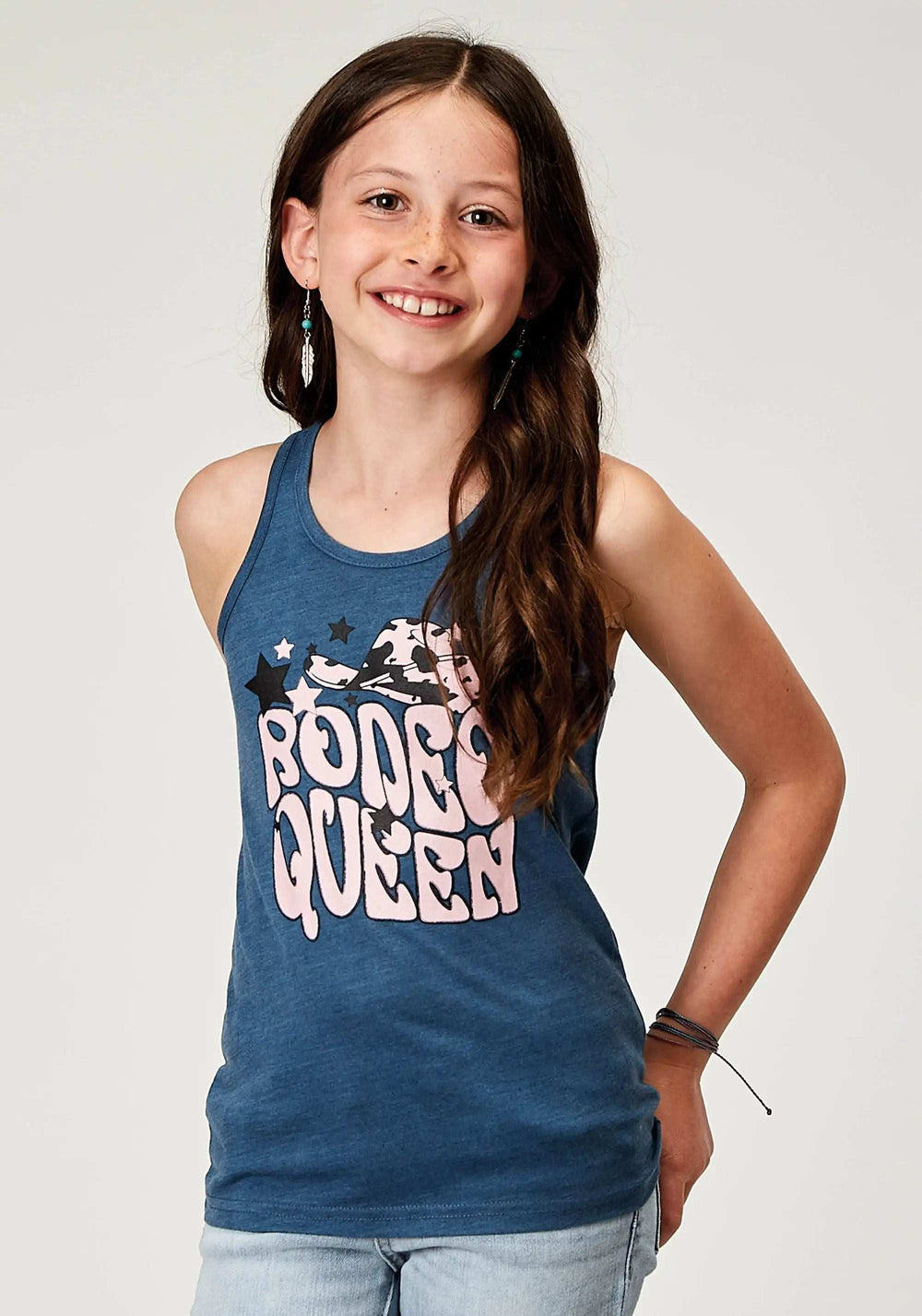 Roper Girls Sleeveless Navy Blue Poly Rayon Western T Shirt With Screen Print Decoration - Roper - Flyclothing LLC