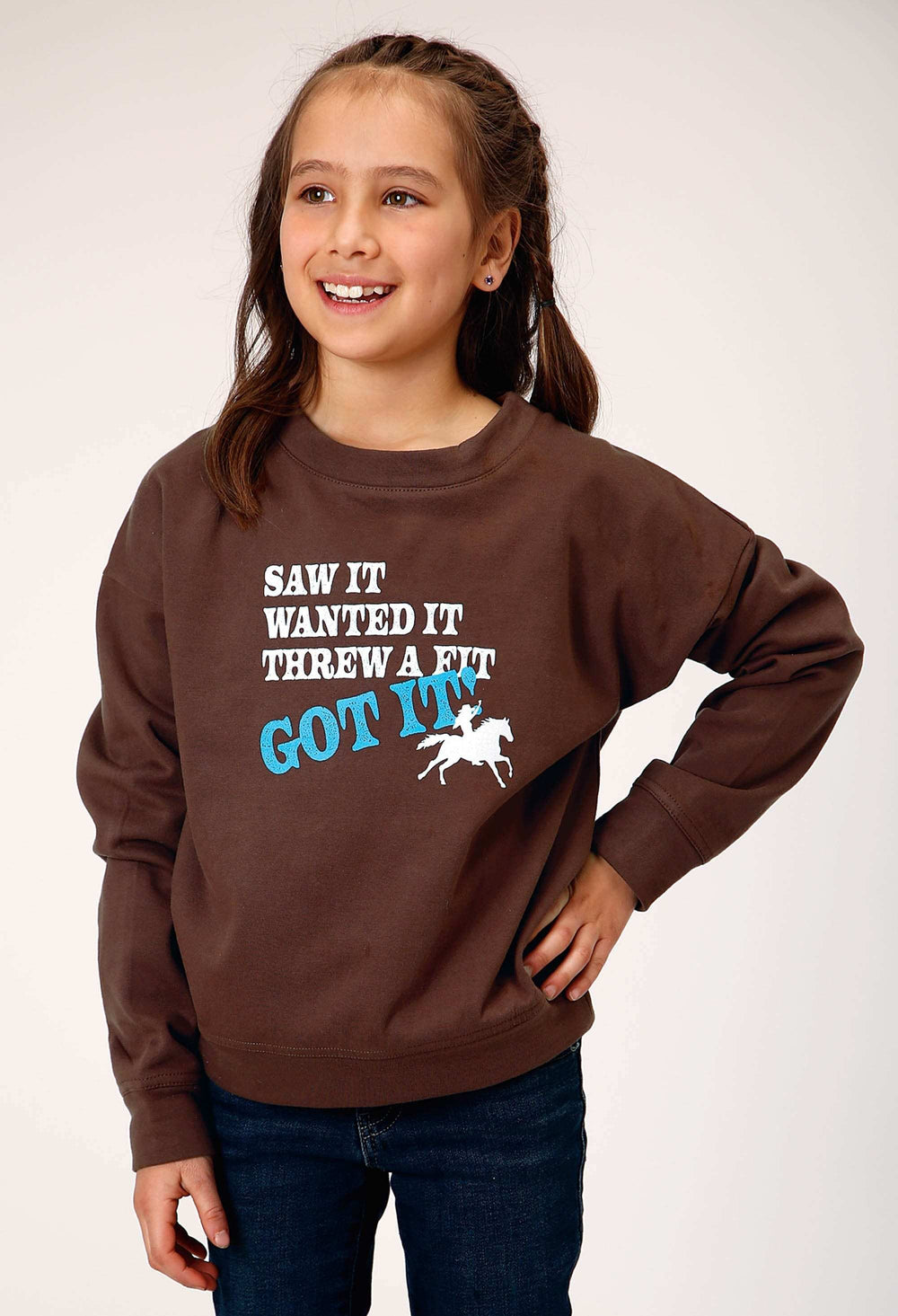 Roper Girls Long Sleeve Dark Brown Cotton Fleece Western T Shirt With Scoop Neck Screen Print Decoration - Roper - Flyclothing LLC
