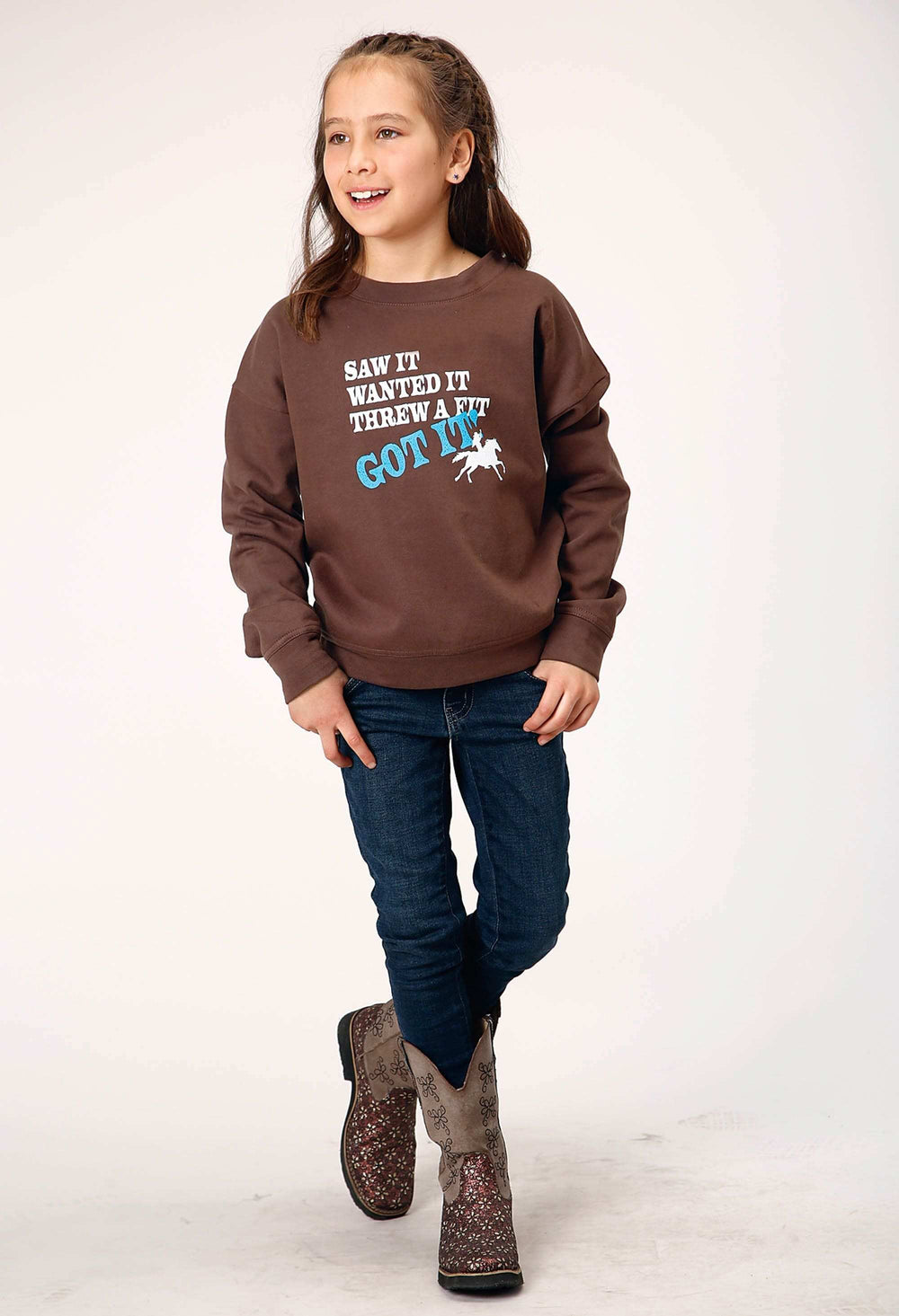 Roper Girls Long Sleeve Dark Brown Cotton Fleece Western T Shirt With Scoop Neck Screen Print Decoration - Roper - Flyclothing LLC