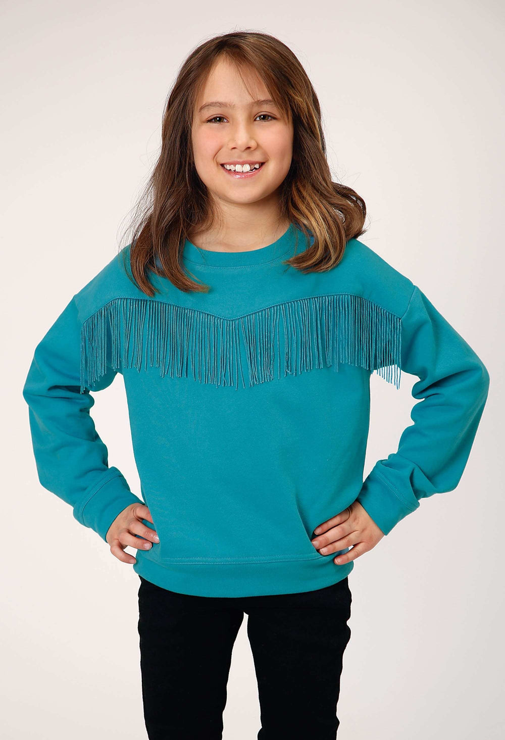 Roper Girls Long Sleeve Cotton Fleece Western T Shirt With Crew Neck Matching Poly Fringe - Roper - Flyclothing LLC