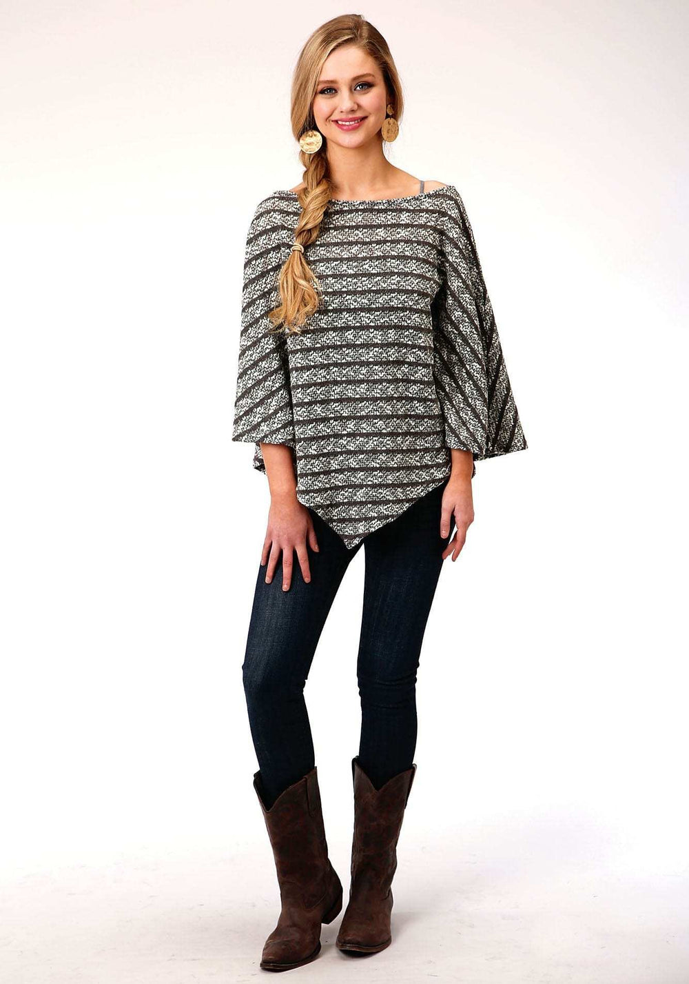 Roper Womens Black And White Stripe Open Knit Poncho Sweater - Roper - Flyclothing LLC