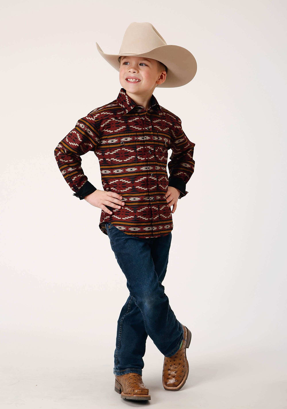 Roper Boys Long Sleeve Snap Red Aztec Horizontal Stripe Western Shirt - Roper - Flyclothing LLC