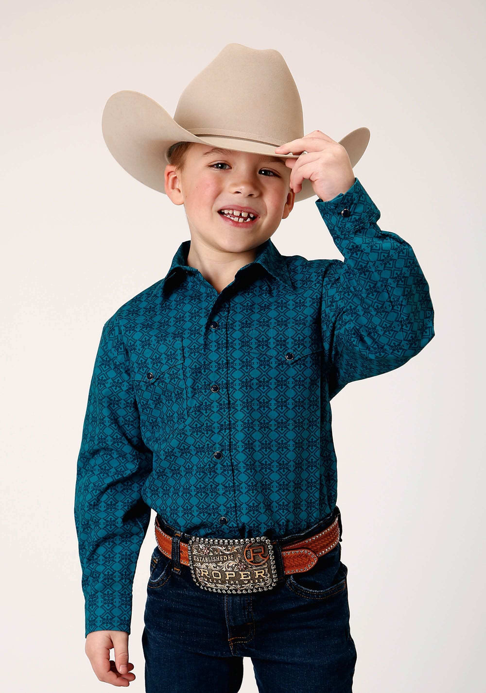 Roper Boys Long Sleeve Snap Tiles Print Western Shirt - Roper - Flyclothing LLC