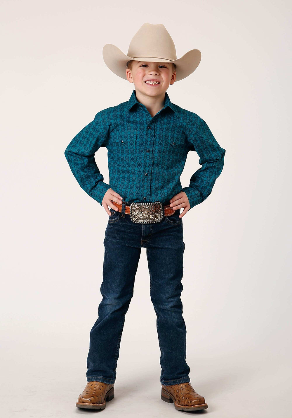 Roper Boys Long Sleeve Snap Tiles Print Western Shirt - Roper - Flyclothing LLC