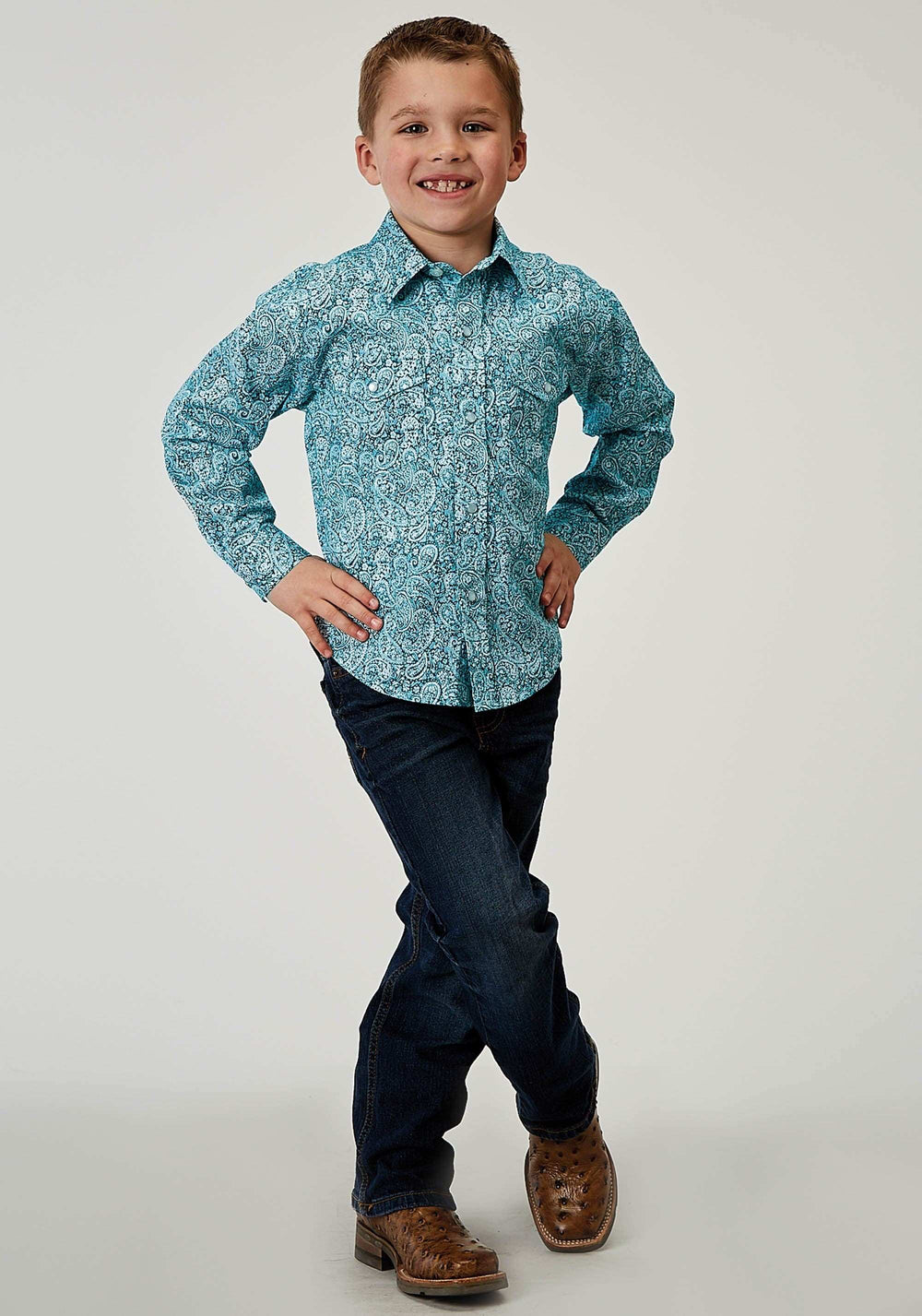 Roper Boys Long Sleeve Snap Stretch Poplin Teal Paisley Western Shirt - Roper - Flyclothing LLC