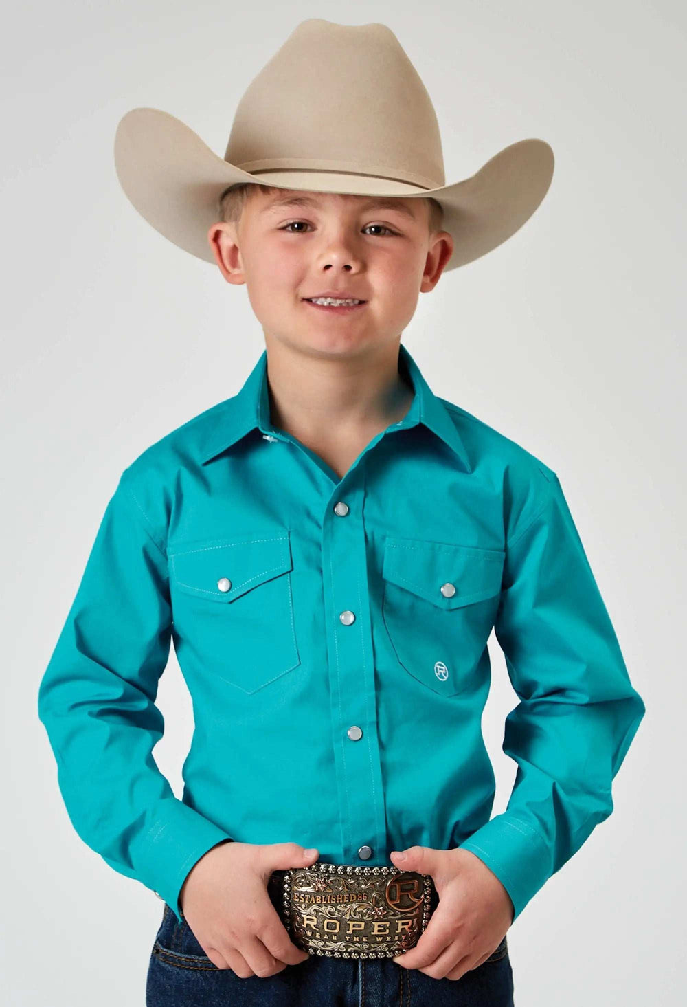 Roper Boys Long Sleeve Snap Solid Poplin Stretch Turquoise Western Shirt - Roper - Flyclothing LLC