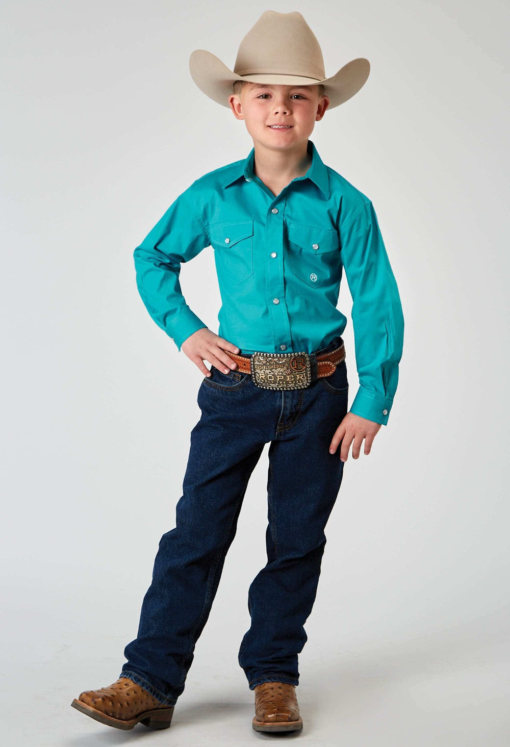 Roper Boys Long Sleeve Snap Solid Poplin Stretch Turquoise Western Shirt - Roper - Flyclothing LLC