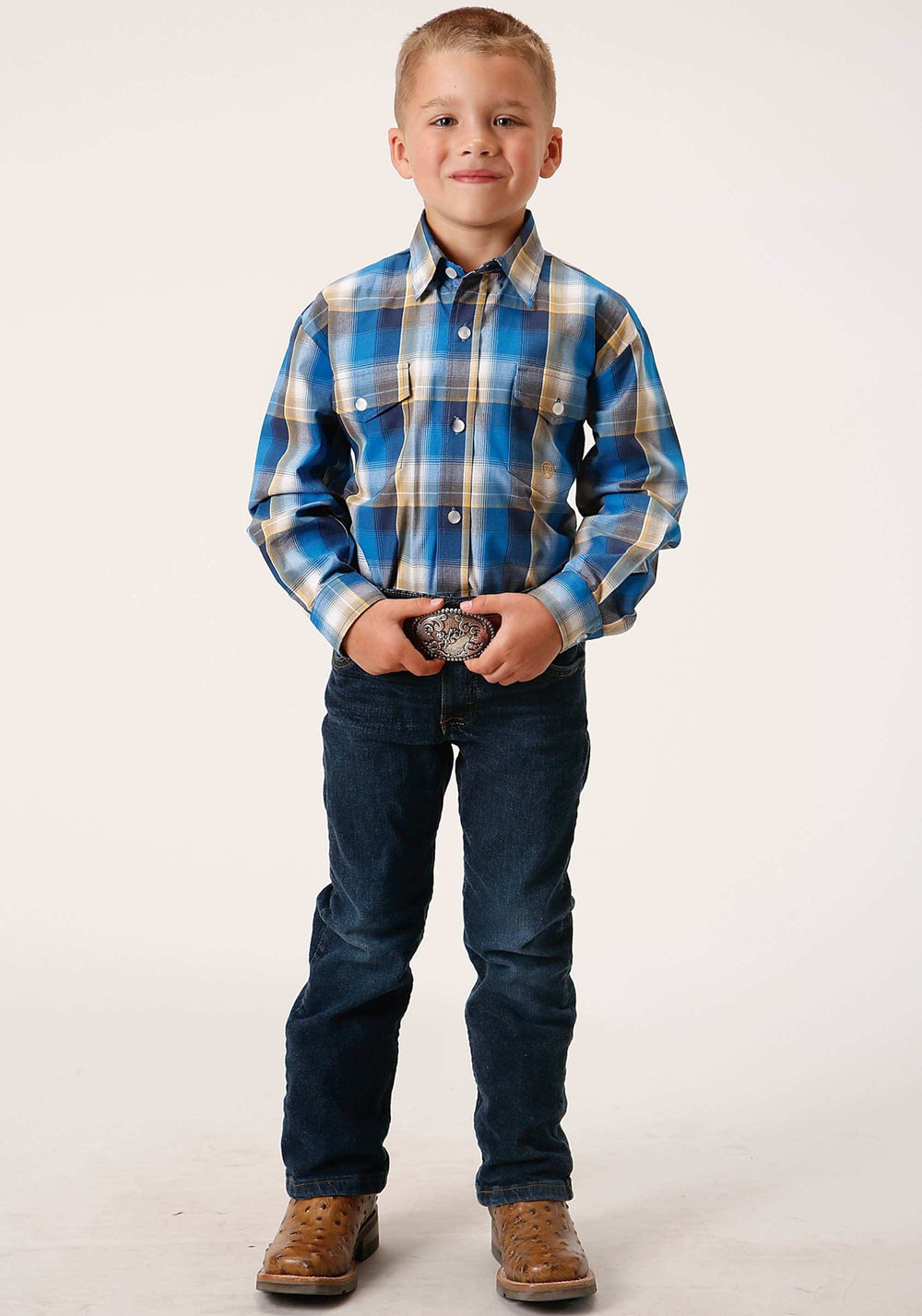 Roper Boys Long Sleeve Snap Clear Sky Plaid Western Shirt - Roper - Flyclothing LLC