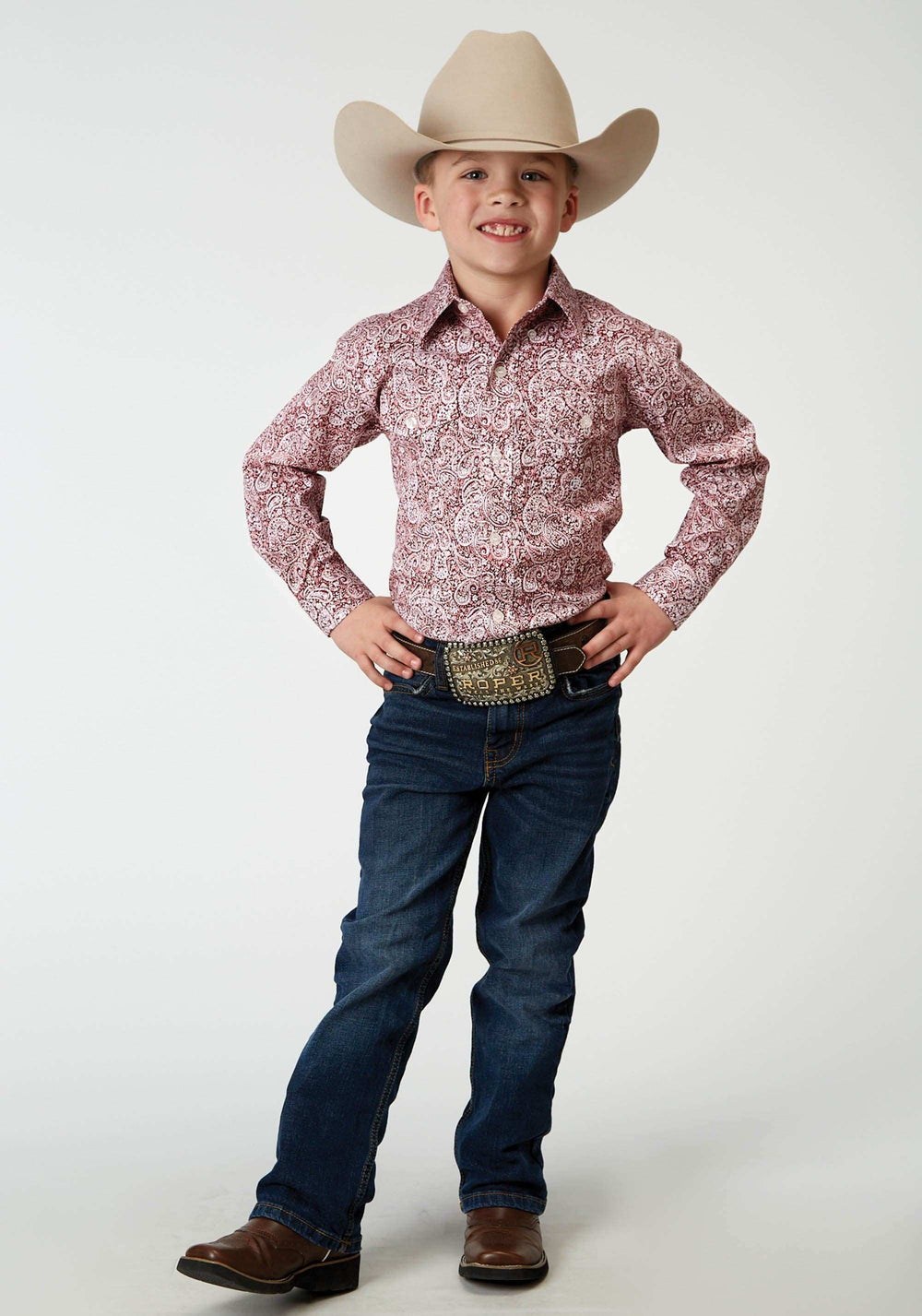 Roper Boys Long Sleeve Button Stretch Poplin Red Paisley Western Shirt - Roper - Flyclothing LLC