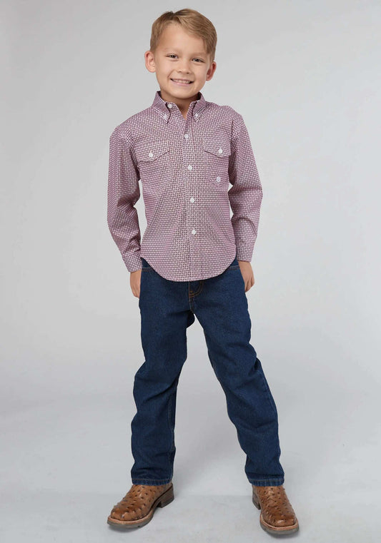 Roper Boys Long Sleeve Button Stretch Neat Red Western Shirt - Roper - Flyclothing LLC