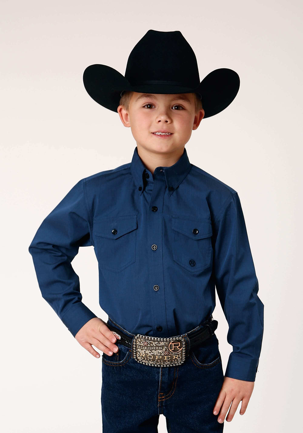 Roper Boys Long Sleeve Button Black Fill Solid Blue Western Shirt - Roper - Flyclothing LLC