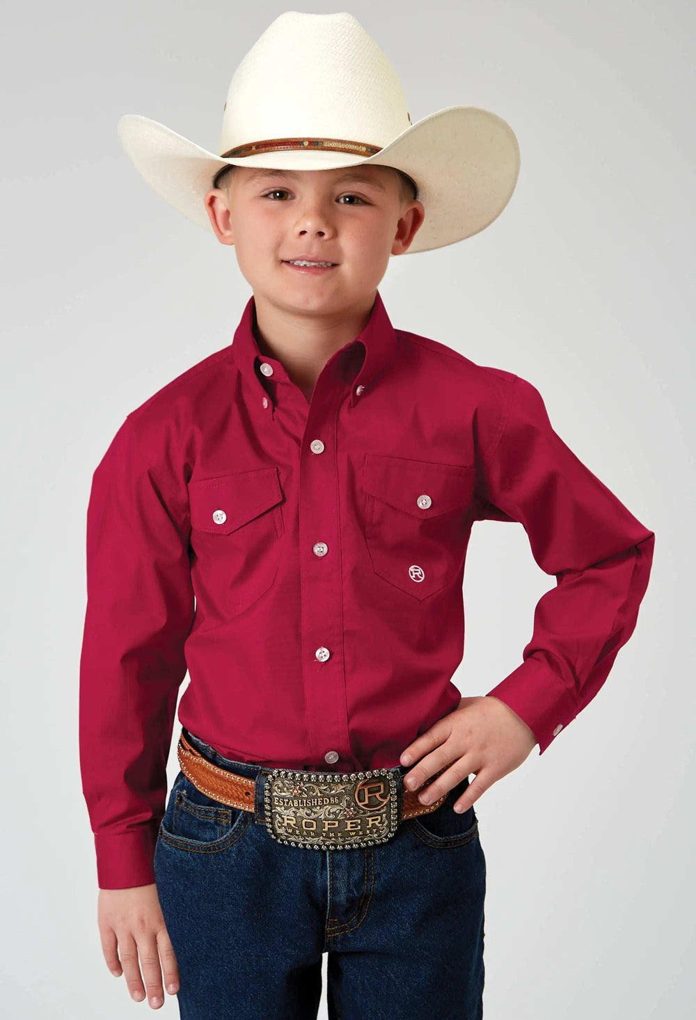 Roper Boys Long Sleeve Button Solid Poplin Stretch Red Western Shirt - Roper - Flyclothing LLC