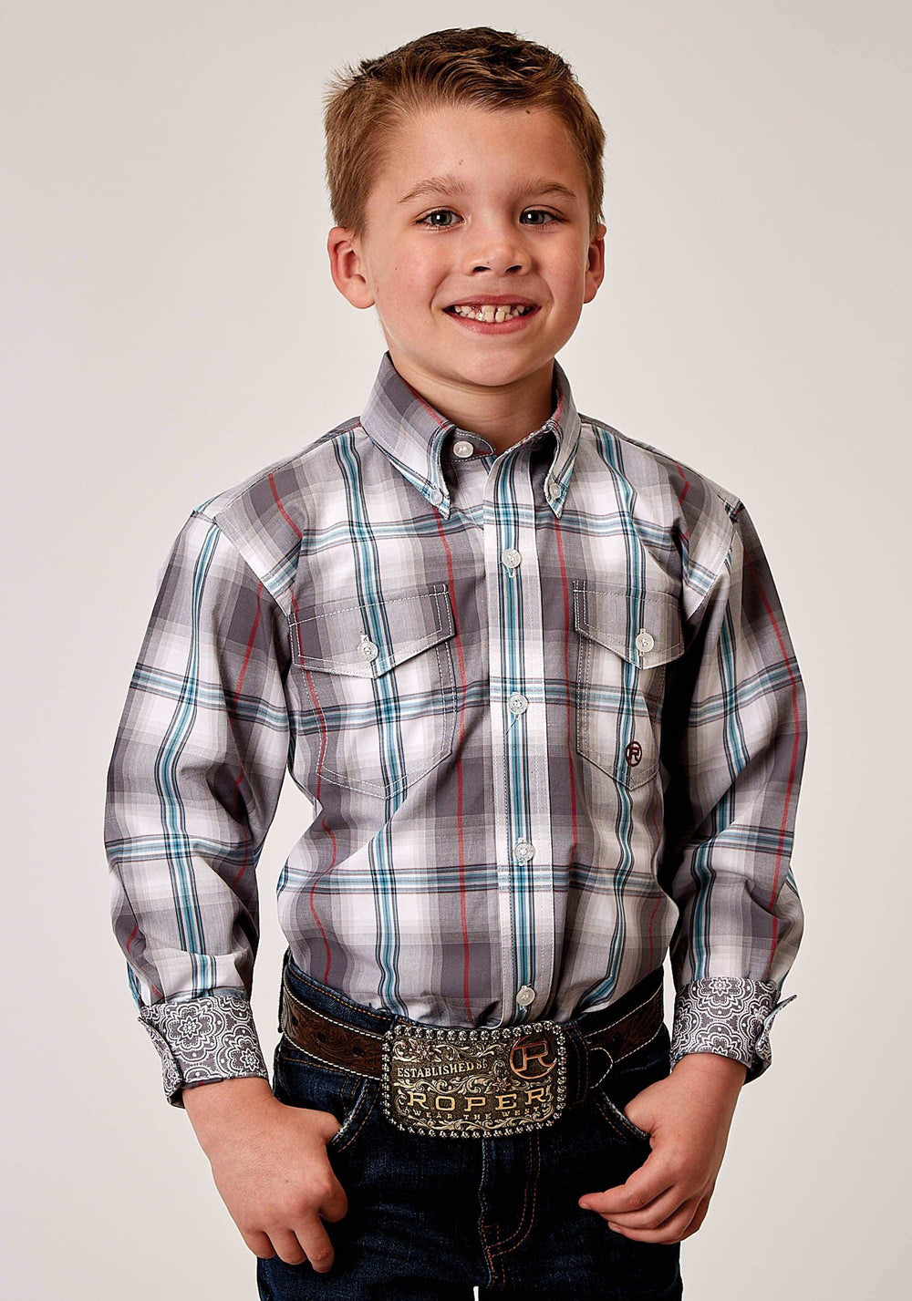 Roper Boys Long Sleeve Button Gray Cloud Plaid Western Shirt - Roper - Flyclothing LLC