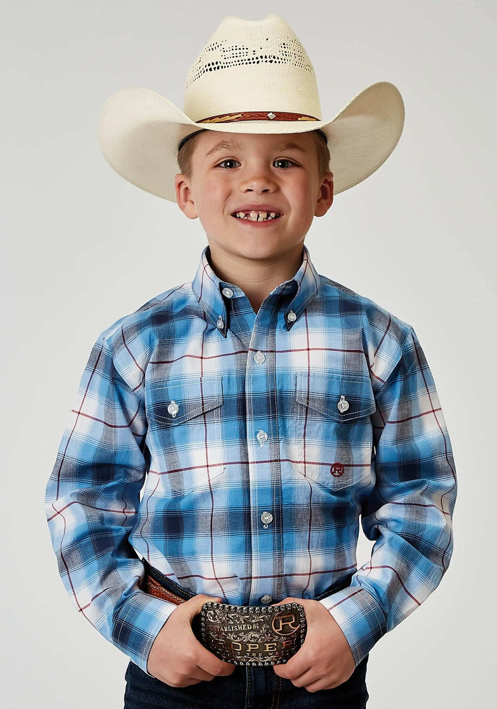 Roper Boys Long Sleeve Button Stretch Poplin Blue Plaid Western Shirt - Roper - Flyclothing LLC