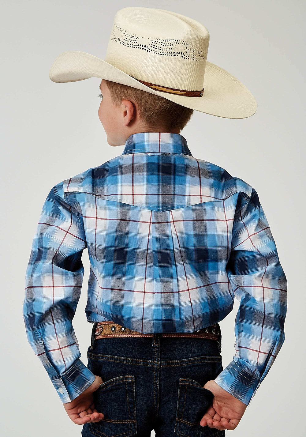 Roper Boys Long Sleeve Button Stretch Poplin Blue Plaid Western Shirt - Roper - Flyclothing LLC