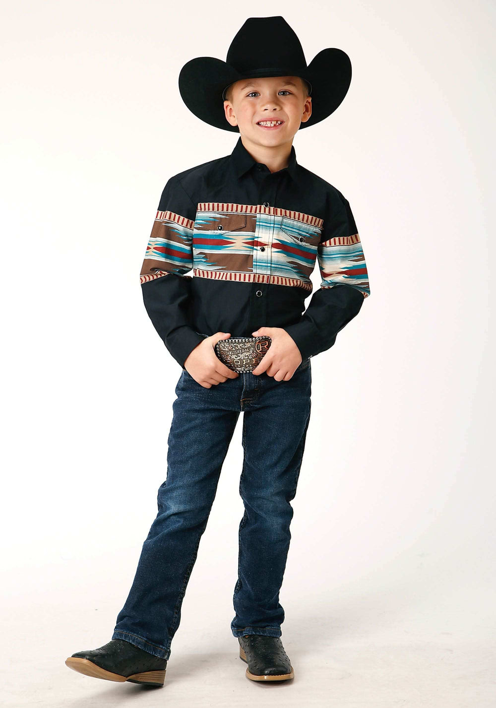 Roper Boys Long Sleeve Snap Blanket Aztec Border Print Western Shirt - Roper - Flyclothing LLC