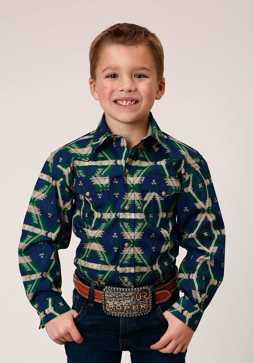 Roper Boys Long Sleeve Snap Navy Aztec Allover Print Western Shirt - Roper - Flyclothing LLC