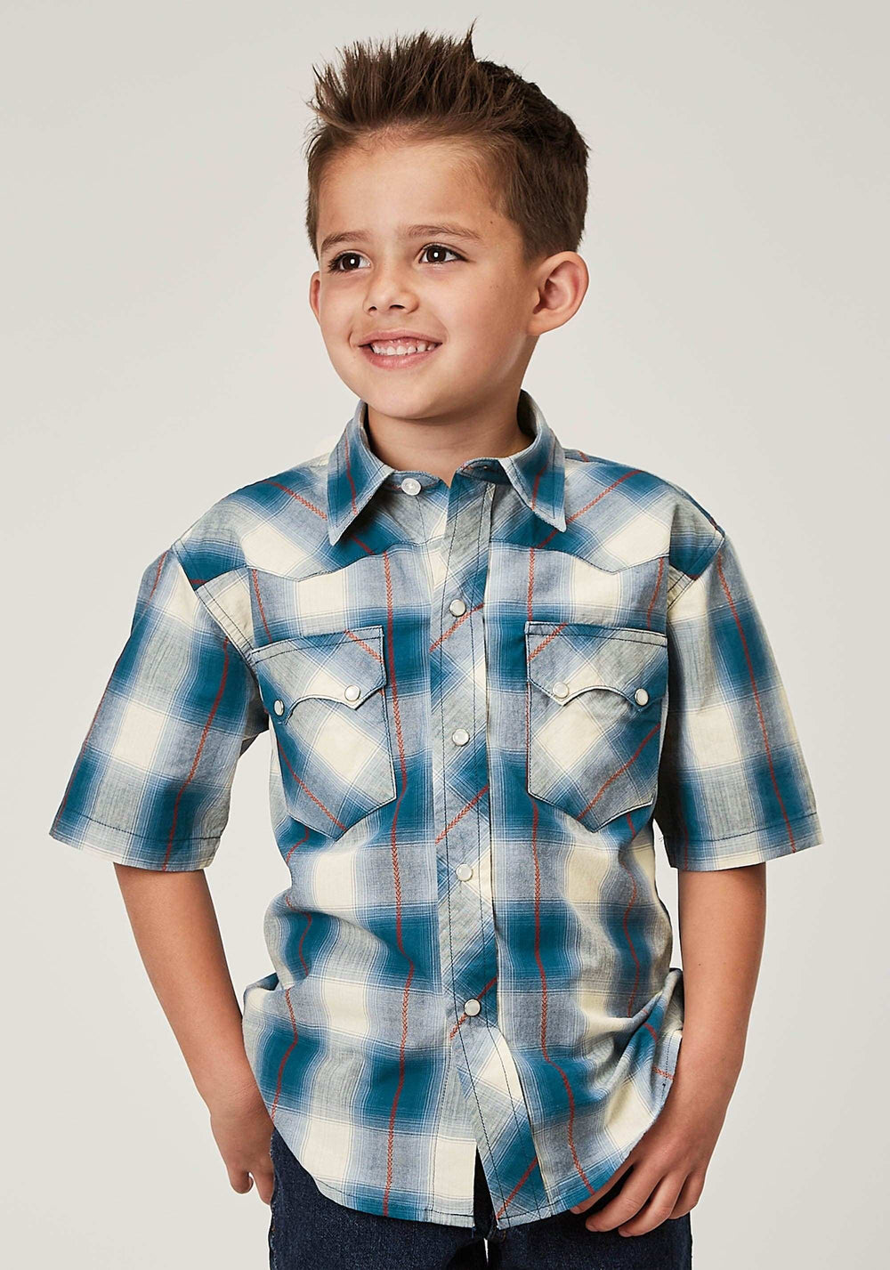 Roper Boys Short Sleeve Snap Arrow Dobby Plaid Western Shirt - Roper - Flyclothing LLC