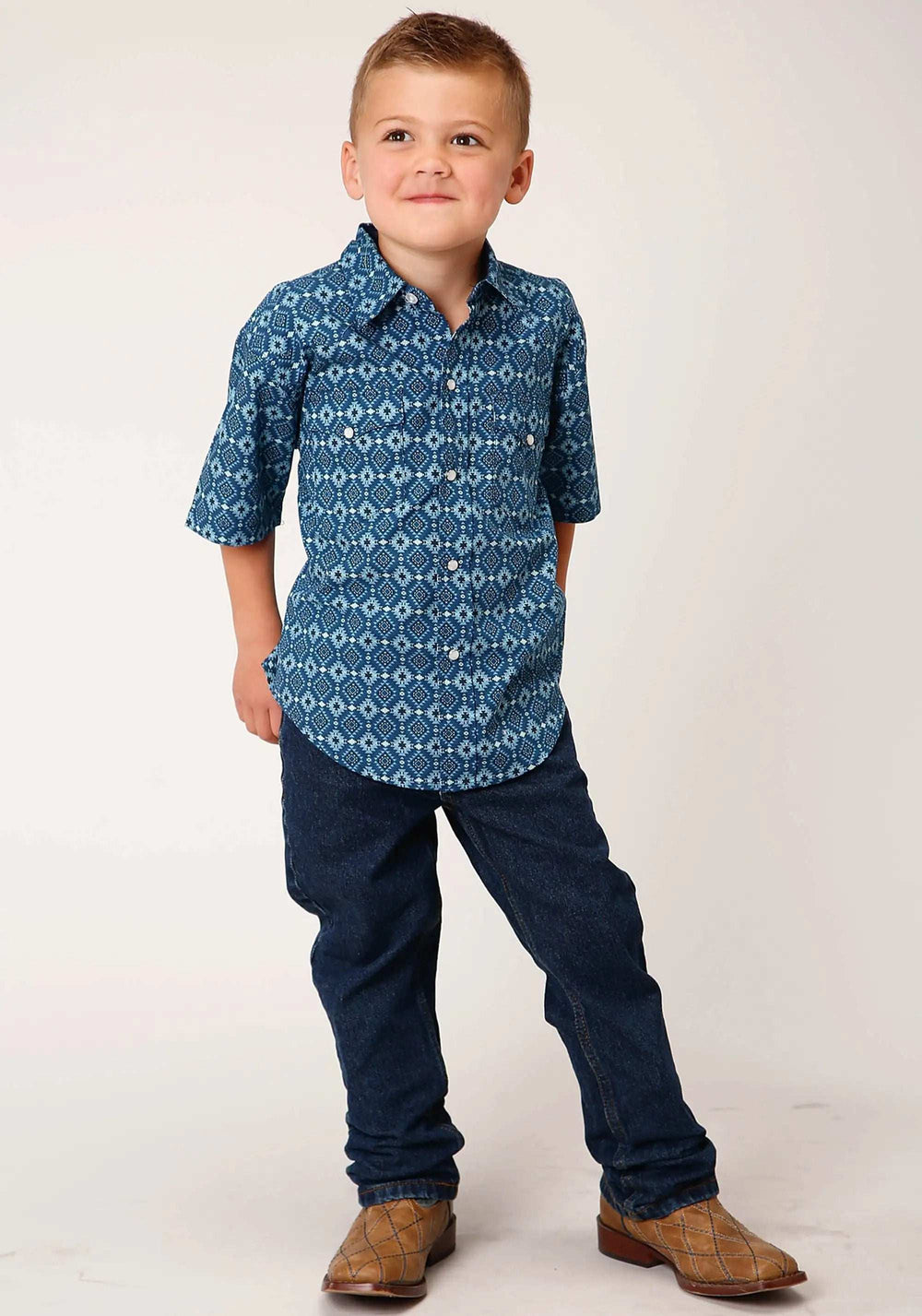 Roper Boys Short Sleeve Snap Mini Aztec Print Western Shirt - Roper - Flyclothing LLC