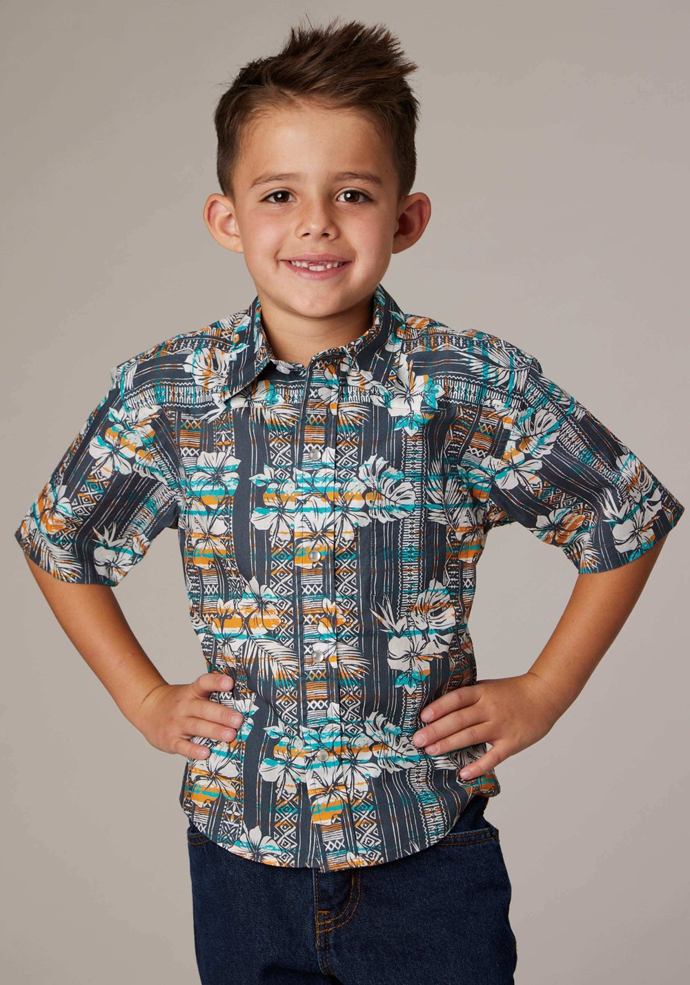 Roper Boys Short Sleeve Snap Distressed Tropical Print Western Shirt - Roper - Flyclothing LLC